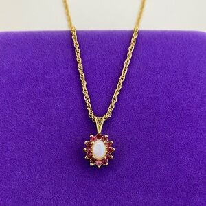 💛 Vintage Gold Plated Opal & Ruby Gemstone Halo Necklace | Romantic Statement